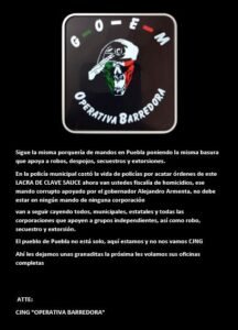 En redes circula un presunto comunicado del grupo “Operativo Barredora”, que se adjudica las explosiones en Coronango y lanza una advertencia: “Ahora van ustedes Fiscalía de Homicidios” 